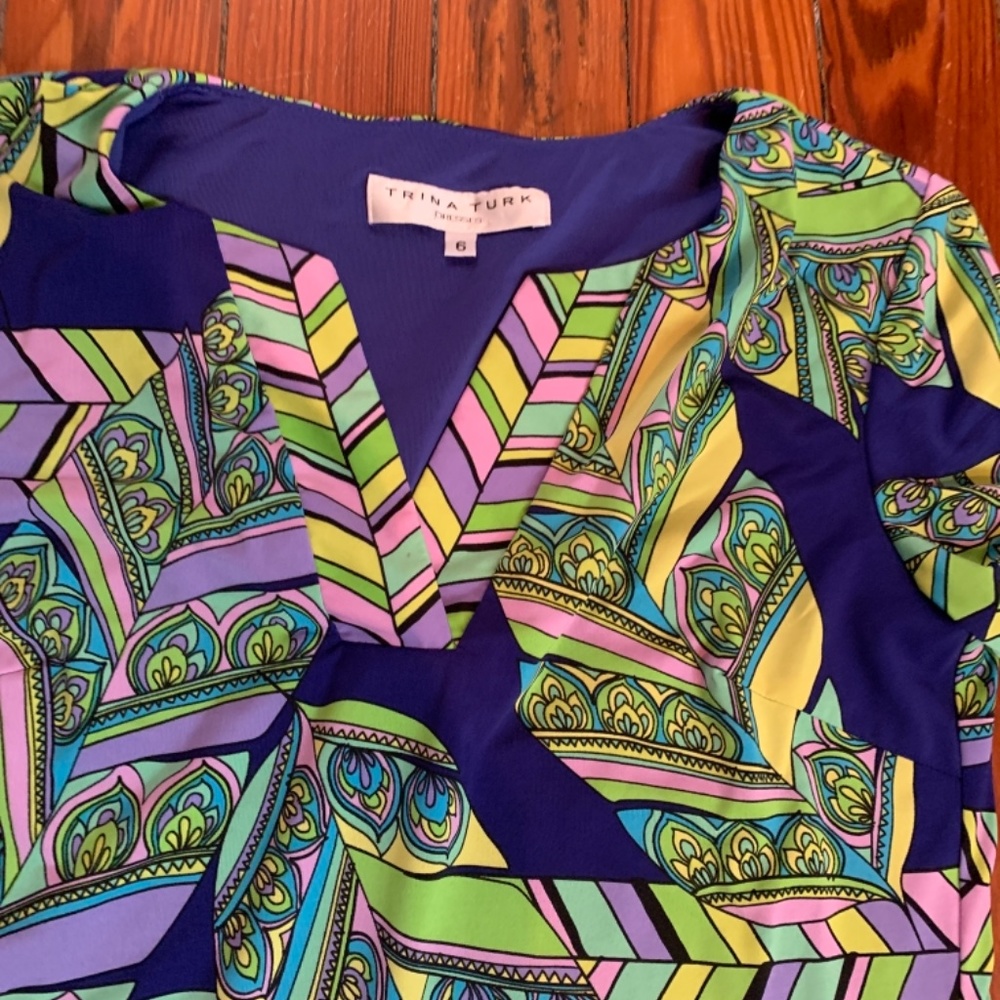 Trina Turk mini dress worn once.  Fully lined and super mod. Rayon blend with st - Picture 2 of 4